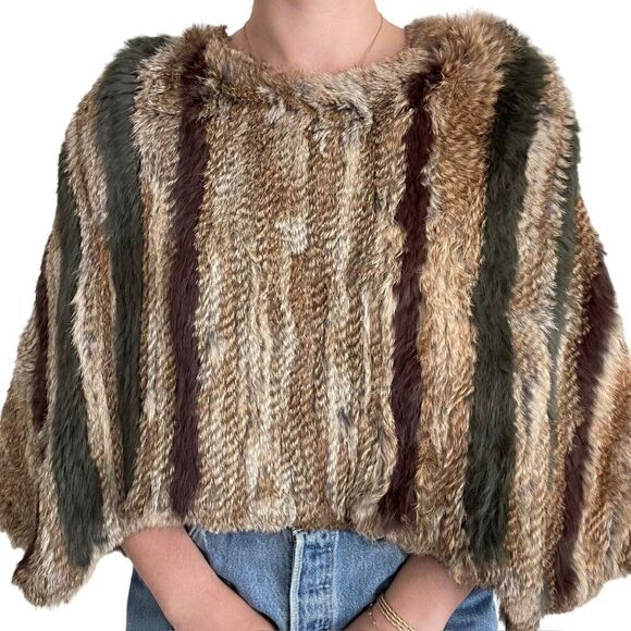 NWOT BNCI Womens Rabbit Angora Soft Striped Fur Poncho Coat Sz S - Picture 4 of 8
